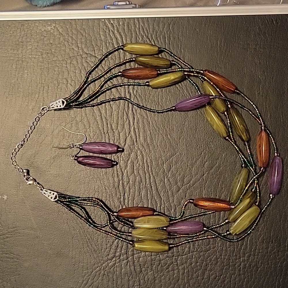 Matching green and purple bohemian necklace and earring